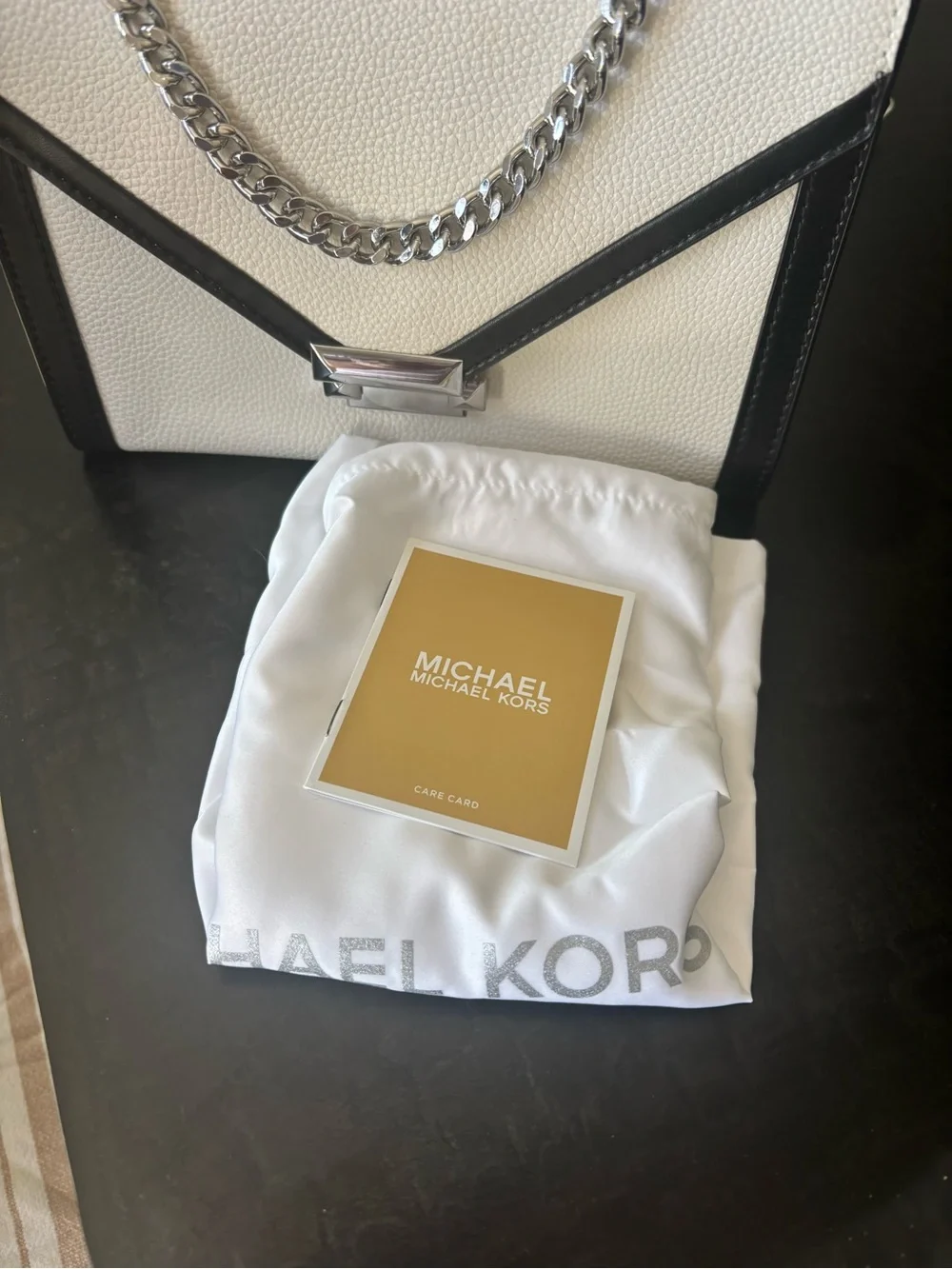 Michael Kors White and Black Pebbled Leather Shoulder Bag with Logo Strap